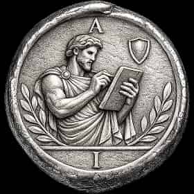 Silver Roman-style coin showing a figure with a tablet, representing the first step of choosing a xato evaluation account