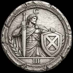 Silver Roman-style coin showing a warrior and shield, representing qualification and payouts in the third xato step